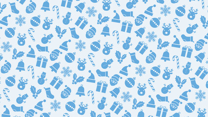 A charming pattern features classic Christmas icons like Santa, snowmen, gifts, and ornaments in soft blue against a light blue background, creating a whimsical and festive design for holiday cheer.