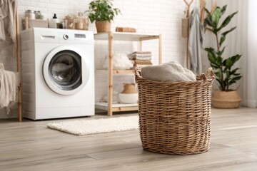 Bright and organized laundry room featuring a washing machine, wicker basket with folded towels, and shelves with home essentials.