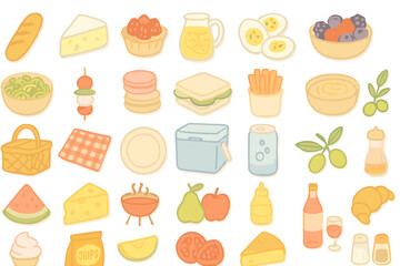 Hand-drawn picnic food and drink icons including snacks, fruits, sandwiches, drinks, and utensils on a soft yellow-orange gradient background