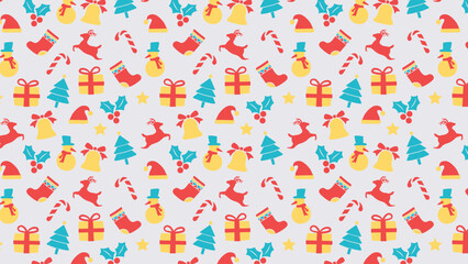 This delightful pattern features festive Christmas icons like reindeer, gifts, candy canes, and bells in bright colors against a gray background, creating a cheerful design perfect for holiday cheer.
