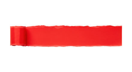 A vibrant, horizontal red paper strip with natural torn, fibrous edges, flat lay on a transparent background, ample copy space. Concept of a bold announcement