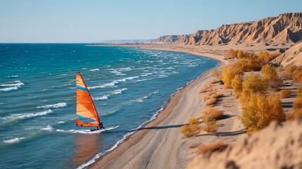 Windsurfing on Sunny Coastline Waters with Sandy Cliffs and Blue Skies