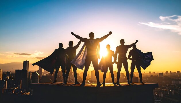 Silhouette of a superhero team on a rooftop at sunset