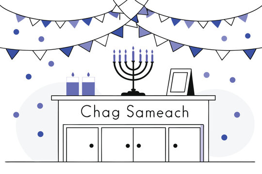 Illustration of chag sameach banner above a table with a menorah and candles for hanukkah celebration