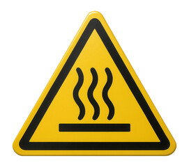 Yellow triangular hot surface warning sign with heat waves icon