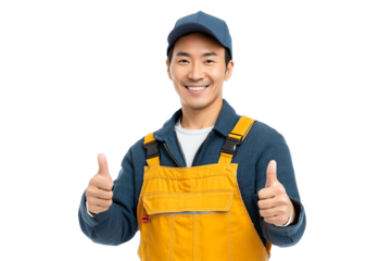Smiling Asian man in work overalls showing thumbs up