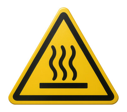 Yellow triangular hot surface warning sign with heat waves icon