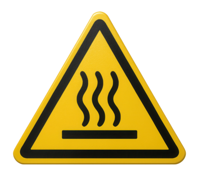 Yellow triangular hot surface warning sign with heat waves icon