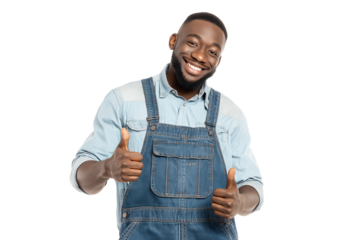 Happy man in overalls showing thumbs up