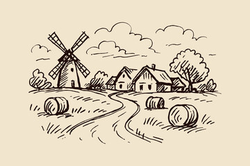 Countryside windmill farm hay bales sketch thick line vector illustration © Victoria