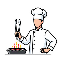 Chef with tongs, line art style, grilling food, white background.