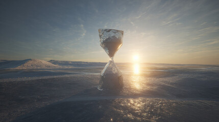 classic hourglass with golden sand suspended mid-air above mirror surreal frozen time concept no numbers illustration concept scene visual for commercial design use high detail quality stock image ill