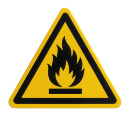 Yellow triangular combustible material warning sign with flame and material icon