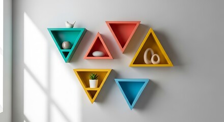 Assortment of colorful geometric triangle wall shelves with decorative items
