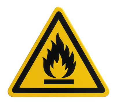 Yellow triangular combustible material warning sign with flame and material icon