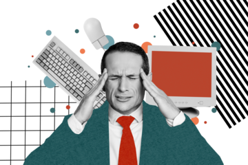 Composite photo collage of tired businessman work intensity office equipment computer keyboard mouse tool isolated on painted background