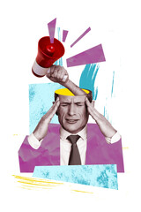 Vertical photo collage of frown stressed man instead brain loudspeaker propaganda spread lie...