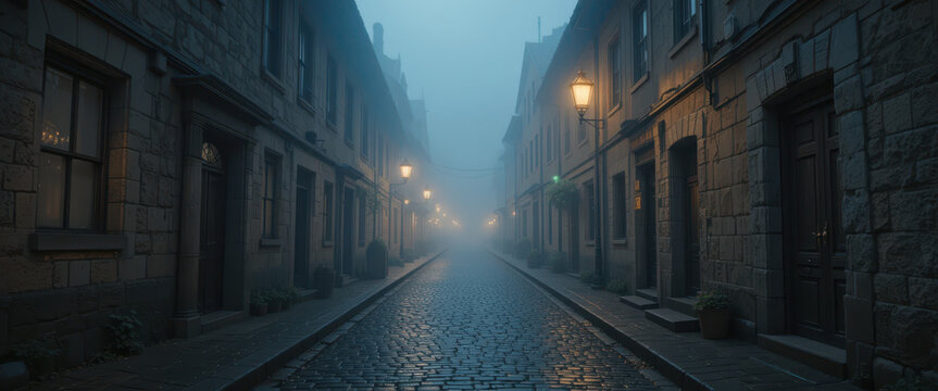 Mysterious foggy night walk historic cobblestone street urban environment serene viewpoint exploration concept