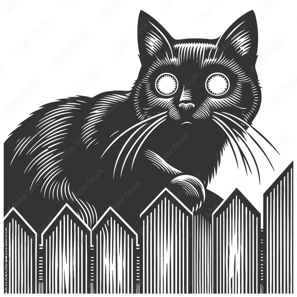 Aufkleber mysterious cat sitting on a wooden fence under the full moon with glowing eyes sketch engraving gene