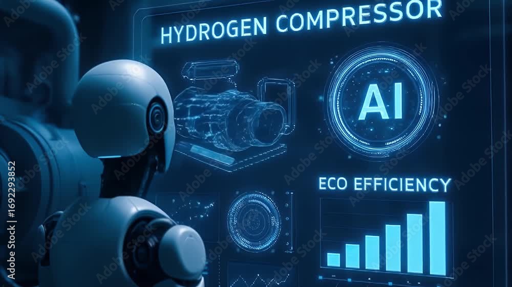 Aufkleber robot interacting with futuristic digital interface displaying hydrogen compressor eco efficiency da