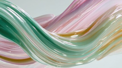 Abstract glass sculpture with flowing pastel waves in pink, green and golden tones, glossy texture and modern fluid design for contemporary art and luxury decoration