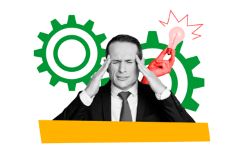 Composite photo collage of unhappy tired businessman work failure hand hold light bulb idea settings gears isolated on painted background