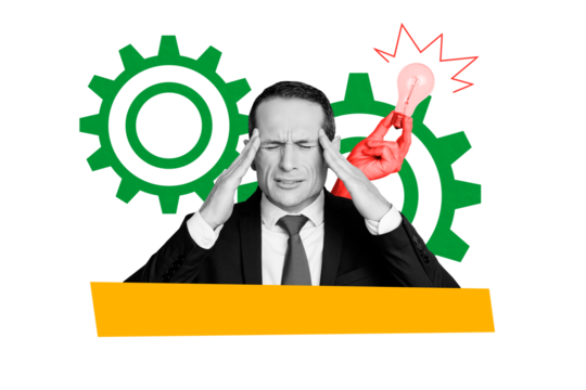 Composite photo collage of unhappy tired businessman work failure hand hold light bulb idea settings gears isolated on painted background