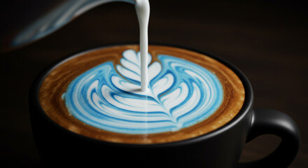 Savoring a vibrant blue latte art coffee, a perfect morning ritual for any coffee lover.