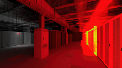 aerial view of data hall with symmetrical cooling ducts futuristic composition no people illustration concept scene visual for commercial design use high detail quality stock image illustration concep