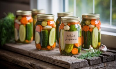 Several glass jars filled with homemade pickled cucumbers and carrots.  A kraft paper label reads "pickled perfection".  The jars sit on a rustic wooden plank,  in front of a window