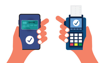 Mobile payment. NFC payments. Smartphone with online payment. Credit card on screen phone. Contactless payment concept