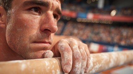 Gymnast Resting on Parallel Bar Before Performance with Intense Focus