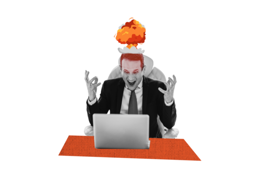 Composite trend artwork sketch image photo collage of trader business office laptop boss burnout angry scream young man head explosion - Powered by Adobe