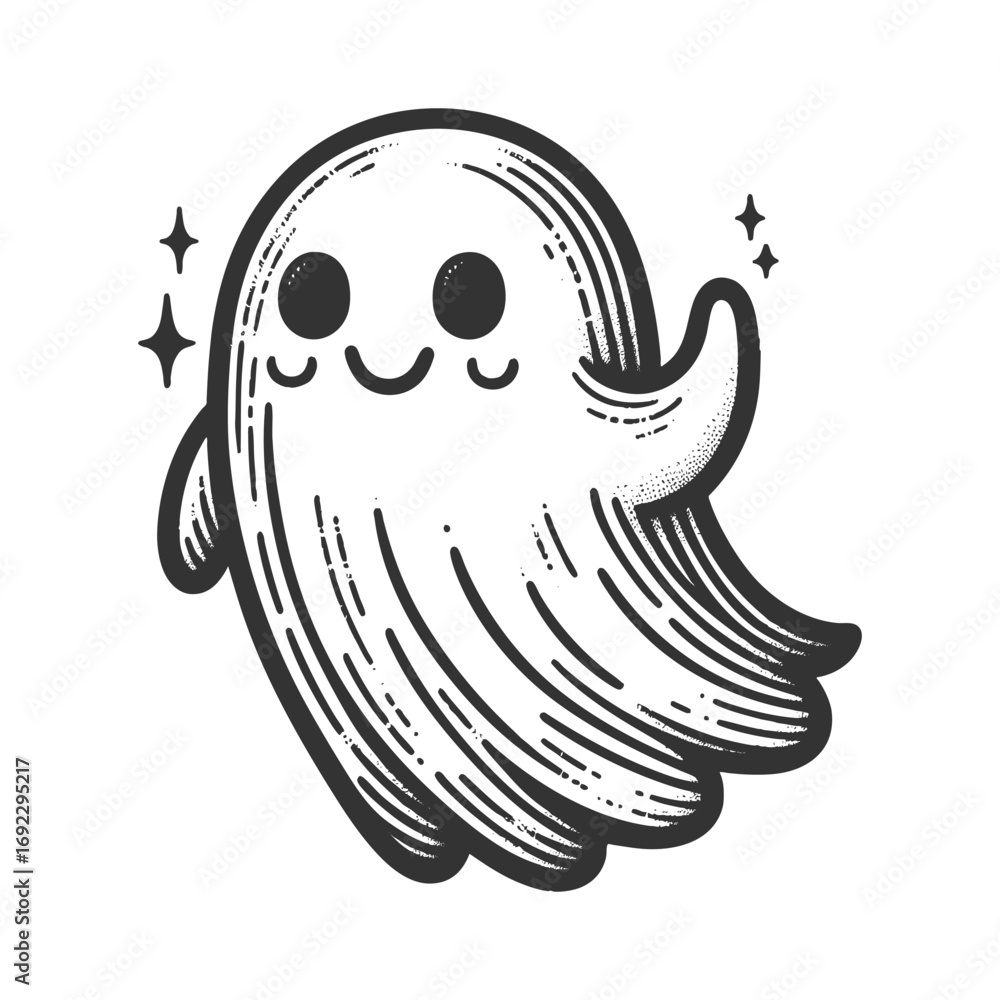 Poster smiling cartoon cute ghost floating with sparkles, symbolizing a playful and friendly halloween them