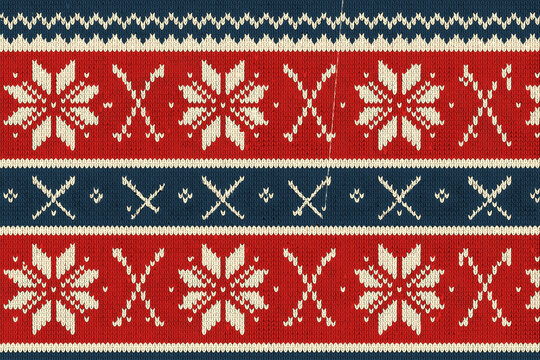 Seamless knitted pattern with snowflakes and crossed ski poles in red, navy, and cream for winter and Christmas sweater designs