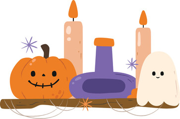 Halloween Decoration Element with Pumpkin, Candles and Ghost