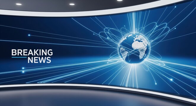 Breaking news background with digital globe and glowing network lines symbolizing global communication, media, technology, broadcasting, information flow, speed, and connectivity.