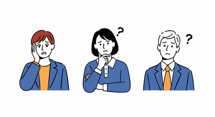 Puzzled professionals facing business challenges and difficult decisions, seeking creative solutions for success