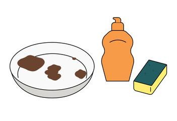 Dirty plate with burnt food stains, dishwashing liquid, and sponge cleaning tools for kitchen hygiene and household chores vector illustration
