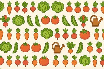 Seamless garden vegetable pattern with carrots, radishes, lettuce, peas, tomatoes, and watering cans on cream background