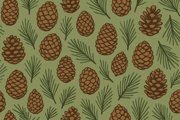 Seamless hand-drawn pattern with pinecones and pine needles on green background for nature, winter, and rustic-themed designs