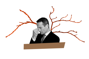 Creative collage picture senior man suffer headache pain nervous system migraine problem trouble overwhelmed overworked boss