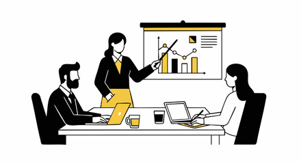 Team presenting quarterly sales results at modern workplace, showing growth charts and projections