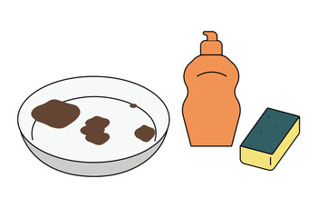 Dirty plate with burnt food stains, dishwashing liquid, and sponge cleaning tools for kitchen hygiene and household chores vector illustration