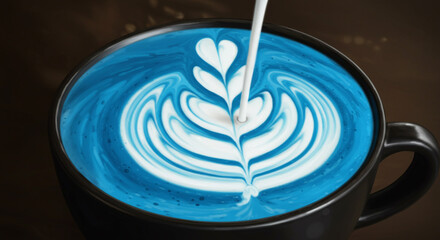 Savor a vibrant blue matcha latte with exquisite latte art, a perfect modern beverage experience.