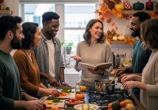 A happy, multiethnic group of young adult friends cooks and socializes together in a warm, modern kitchen.