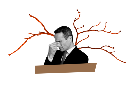 Creative collage picture senior man suffer headache pain nervous system migraine problem trouble overwhelmed overworked boss