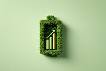 3D battery icon made of grass, flat lay on a light green background, a bar graph is visible inside the charging bolt, eco-friendly concept