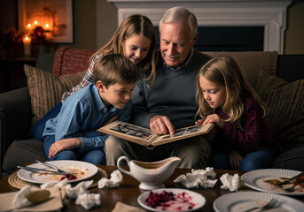 Grandfather sharing memories and looking at a photo album with his grandchildren.