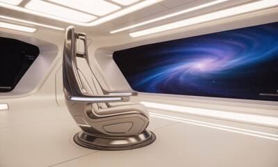 Sleek, futuristic spaceship cockpit. A single, silver, high-tech chair sits before a large panoramic window displaying a swirling galaxy